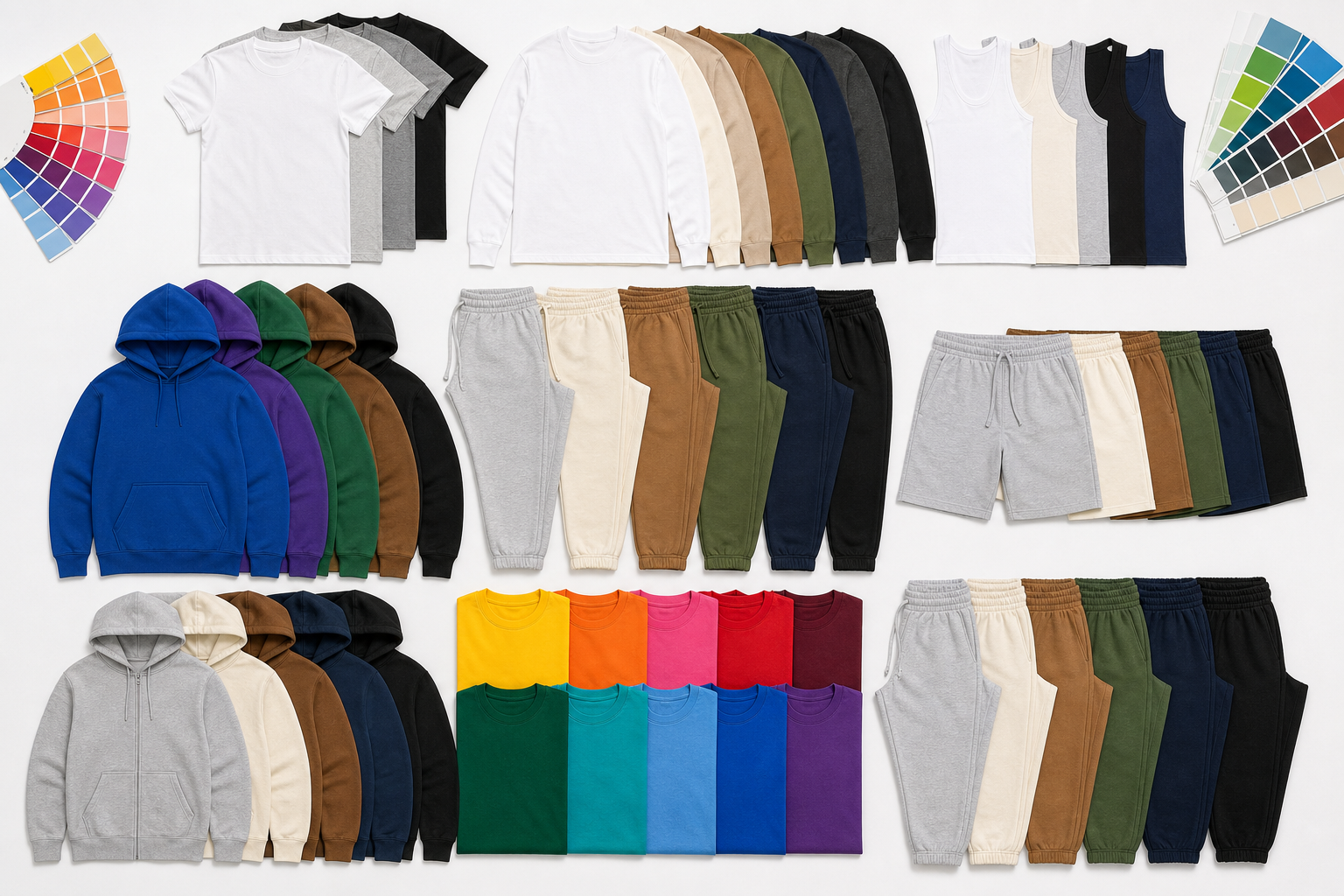 Flatlay of folded blank apparel and catalog planning materials