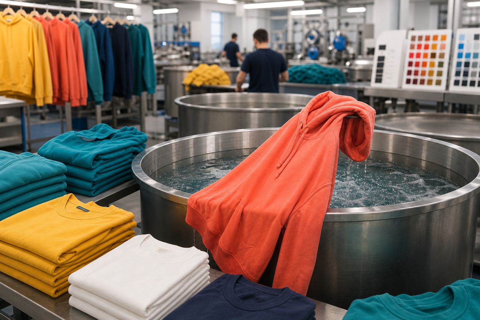 Custom dye apparel production with colorful garments